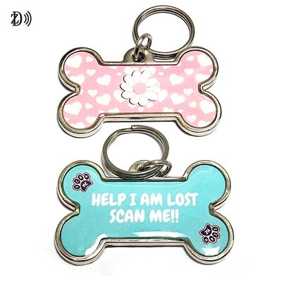 Portachiavi impermeabile con stampa personalizzata 13.56MHz NTAG213 per localizzazione perduti, etichetta in metallo con bordo e resina epossidica per identificazione cane e gatto
